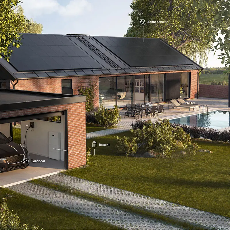 Huis met volledige zonne-installatie van Svea Solar: zonnepanelen, thuisbatterij, laadpaal