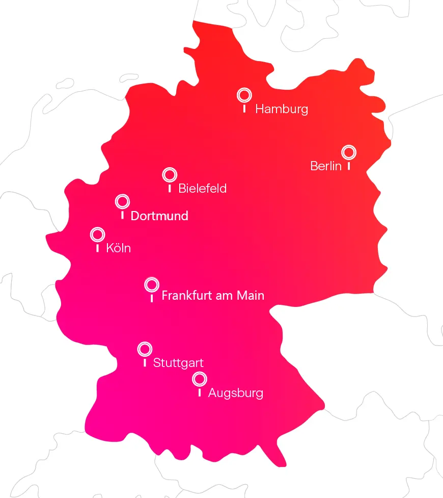 Deutschlandkarte mit den Orten von Svea Solar, die Photovoltaikanlagen montieren.