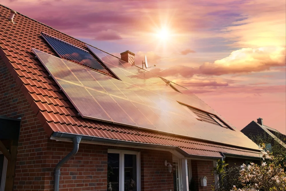 Lohnt sich eine PV-Anlage? (Backsteinhaus mit PV-Anlage. Pinker Himmel)