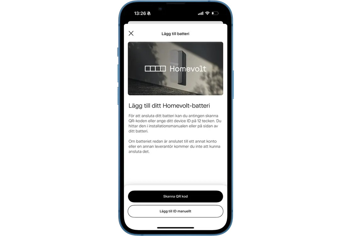 Skärm som visar installation av batteri i app