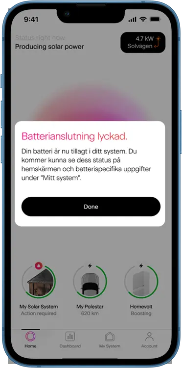 Skärm som visar installation av batteri i app