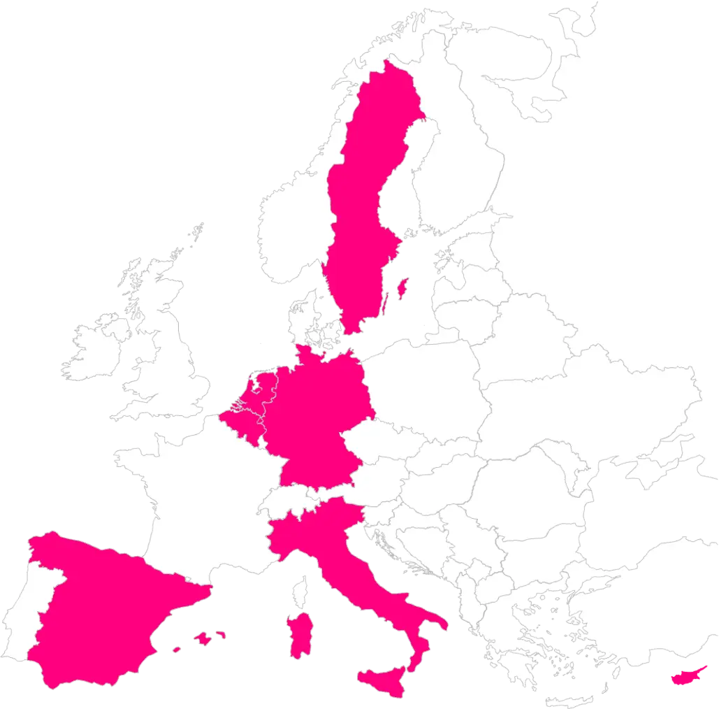 Mappa della presenza di Svea Solar in Europa: Italia, Belgio, Germania, Paesi Bassi, Spagna e Svezia
